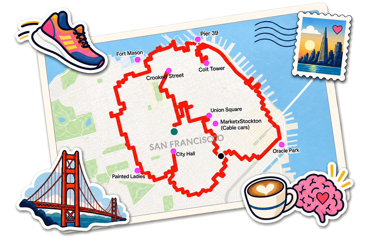 Illustrated San Francisco map showing the red Brain Brew route, Golden Gate Bridge, running shoe, coffee cup, and brain